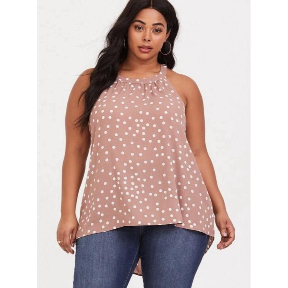 New! TORRID 1 1X Hi-Low Georgette Sleeveless High Neck Tank Top Taupe Dot